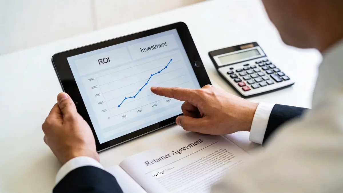 A professional analyzing ROI investment growth charts on a tablet while reviewing a retainer agreement document.