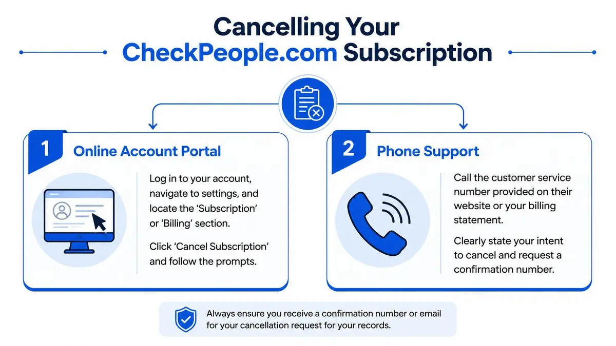A guide on how to cancel your CheckPeople.com subscription via the online portal or phone support.