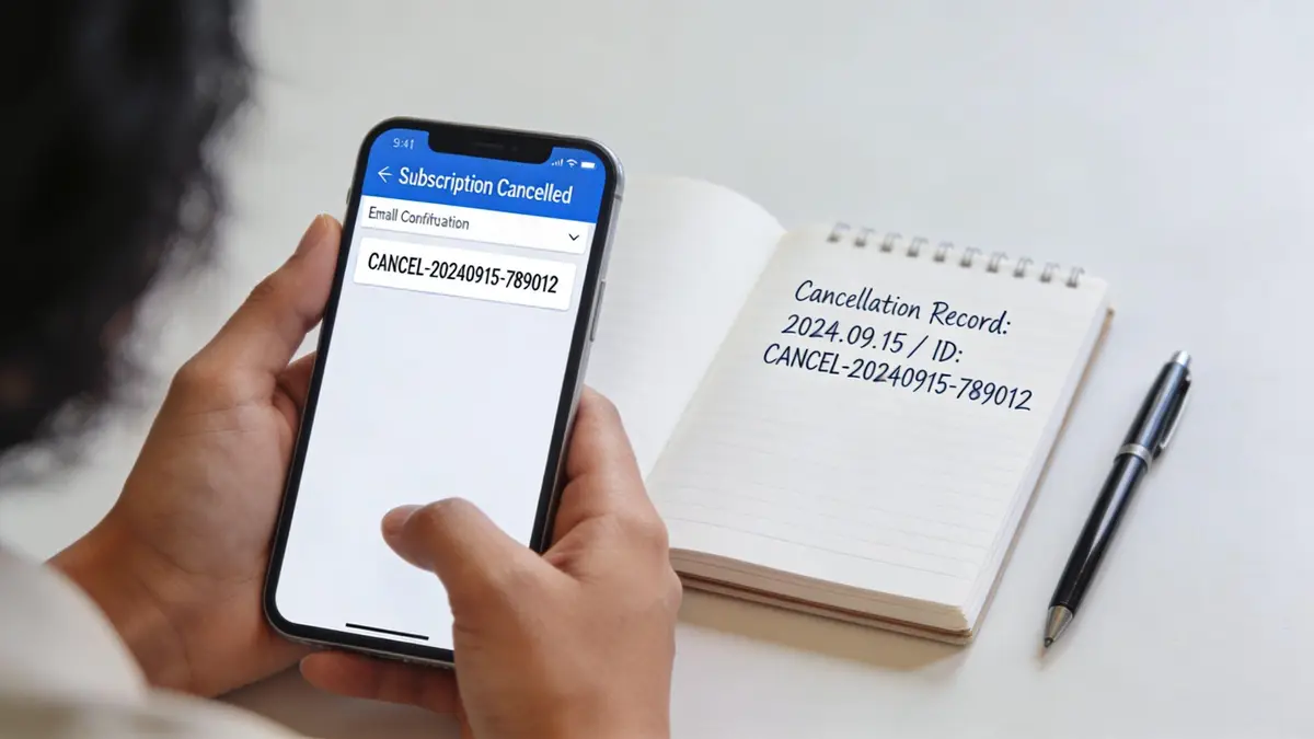 A person holding a smartphone showing a cancellation screen next to a handwritten subscription record in a notebook.