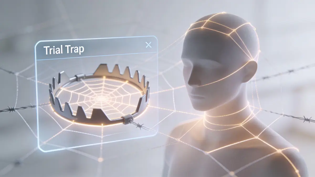 A digital illustration of a bear trap floating inside a glowing web structure near a human mannequin head.