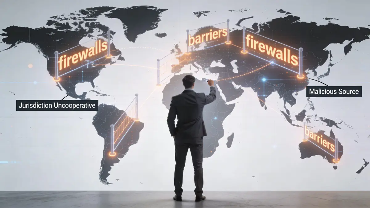 A professional man interacts with a holographic map showing global cybersecurity firewalls and digital barriers.