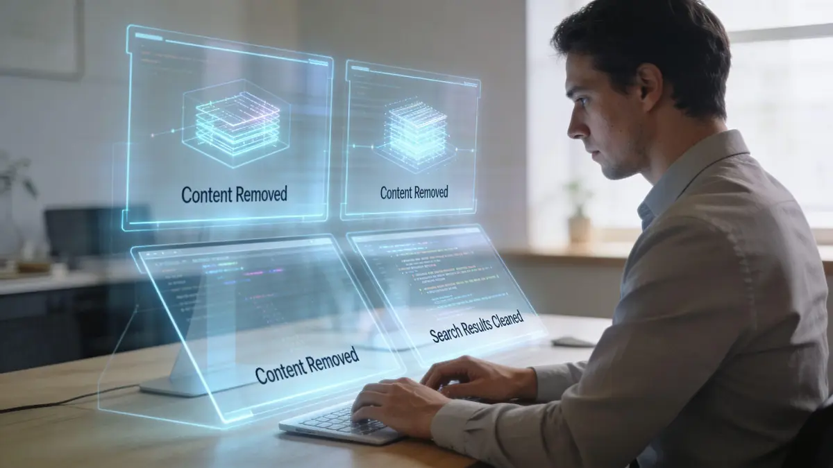 A professional working on a holographic interface to clean up their personal digital footprint online.