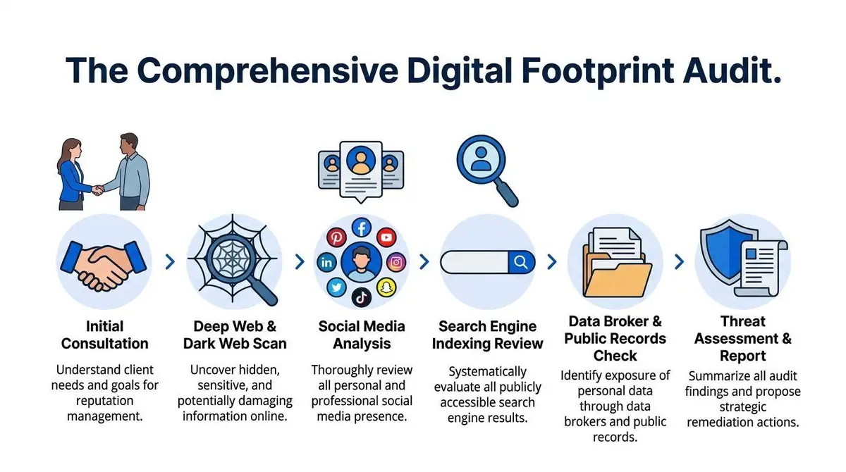 A six-step infographic detailing a comprehensive digital footprint audit process for managing online reputation and personal data.