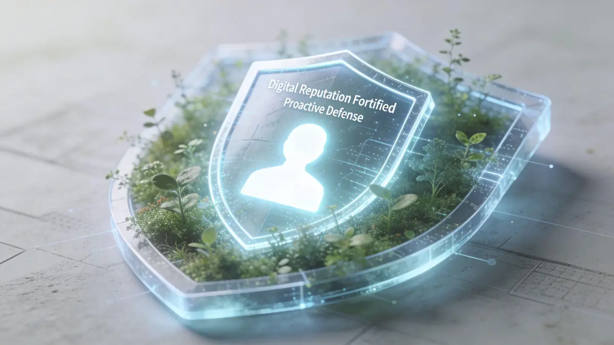 A digital shield symbol protecting a human icon, surrounded by small green plants representing proactive digital security.