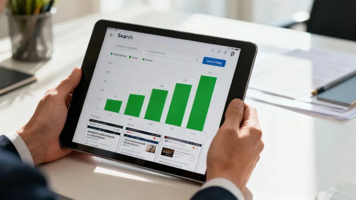 A person holding a tablet displaying a business search interface with a green bar chart.