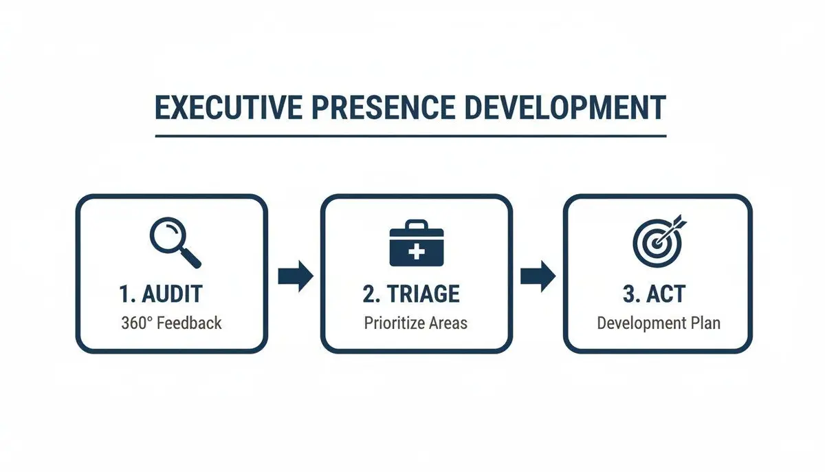 Flowchart illustrating a three-step executive presence development process: Audit, Triage, and Act, with descriptions.