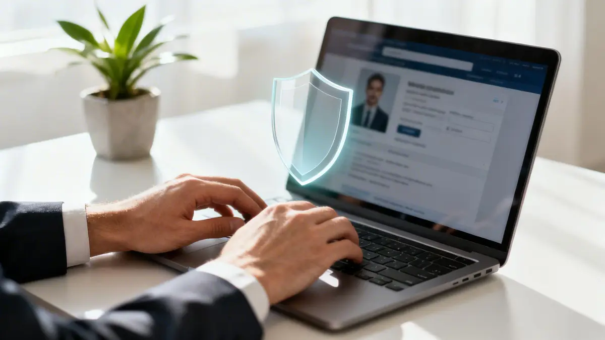 Person typing on a laptop showing an online profile, overlaid with a glowing security shield icon.