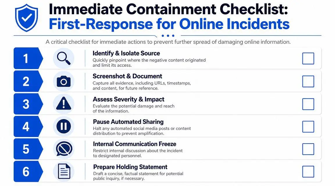 A six-step checklist for immediate containment and response to damaging online incidents and information spread.