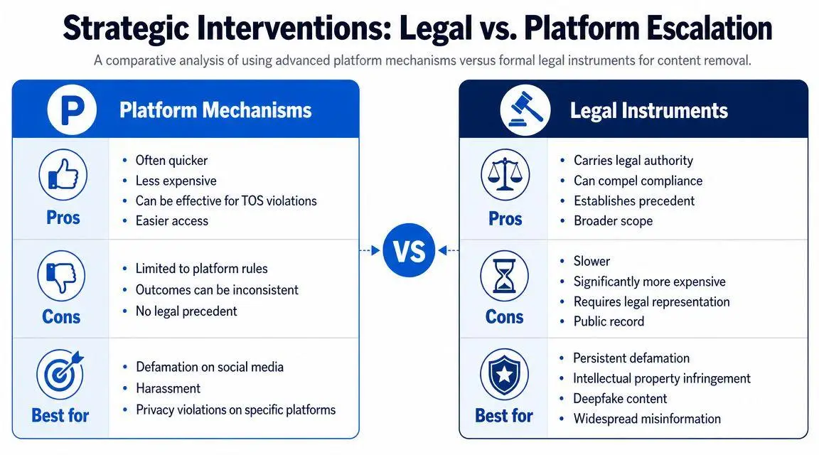 A comparative chart showing pros, cons, and best uses for platform mechanisms versus legal instruments for content removal.