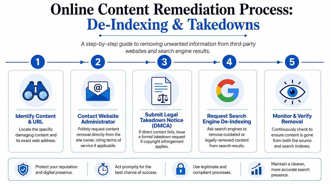 A step-by-step infographic titled Online Content Remediation Process for de-indexing and removing unwanted content from the web.