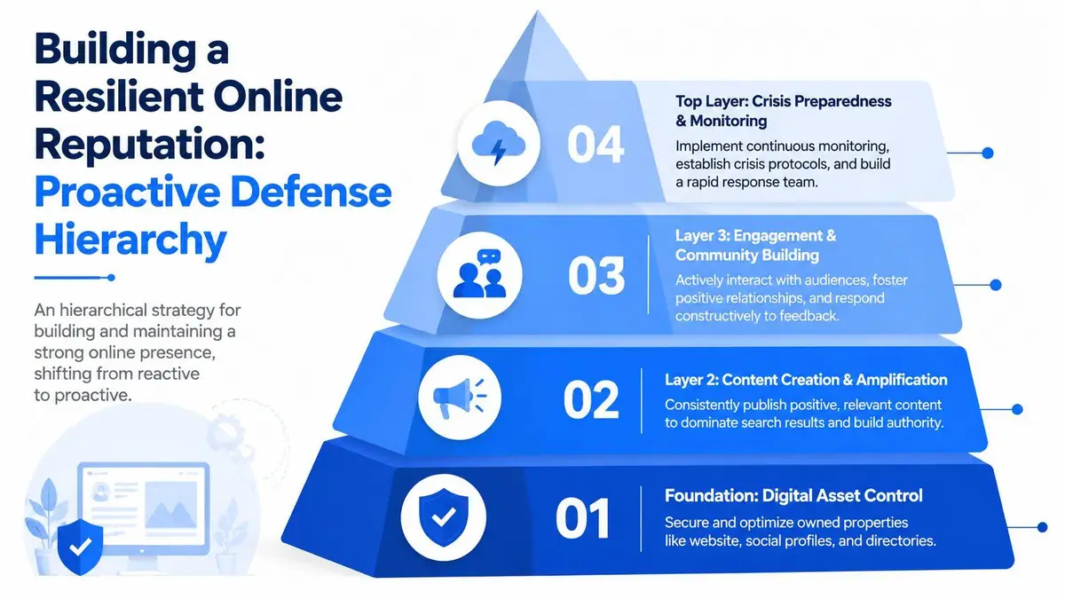 A hierarchical pyramid diagram illustrating four steps for building and maintaining a resilient online reputation.