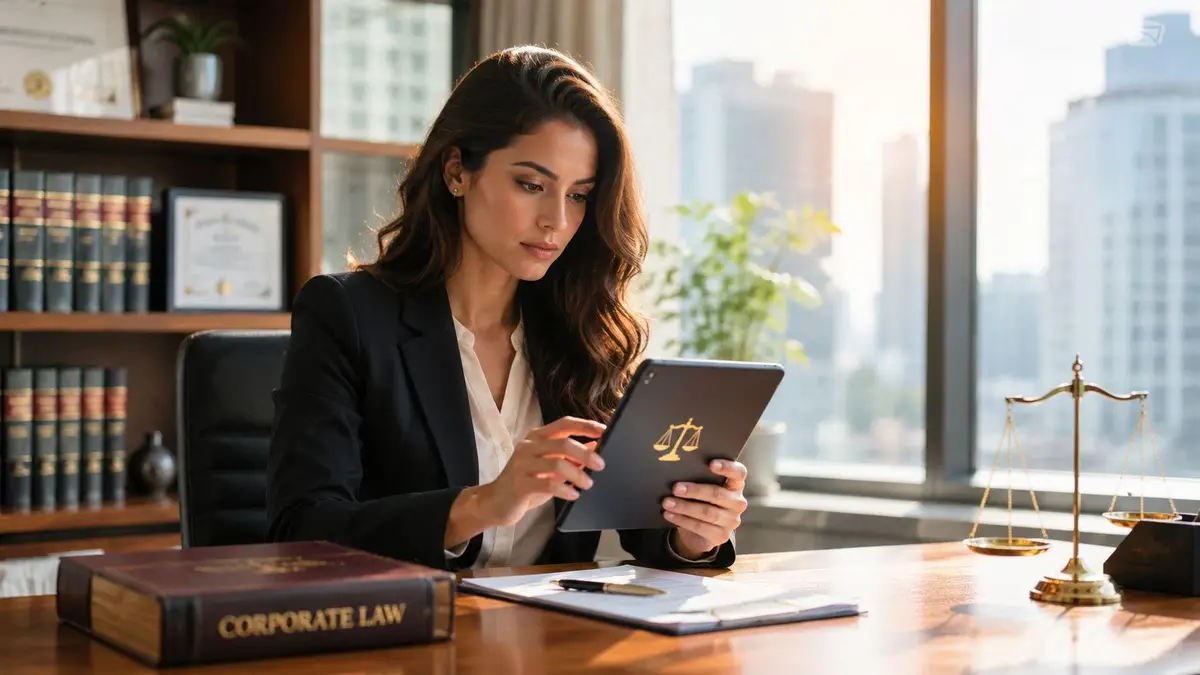 A professional female lawyer sits at a desk in a law office reviewing a digital tablet.