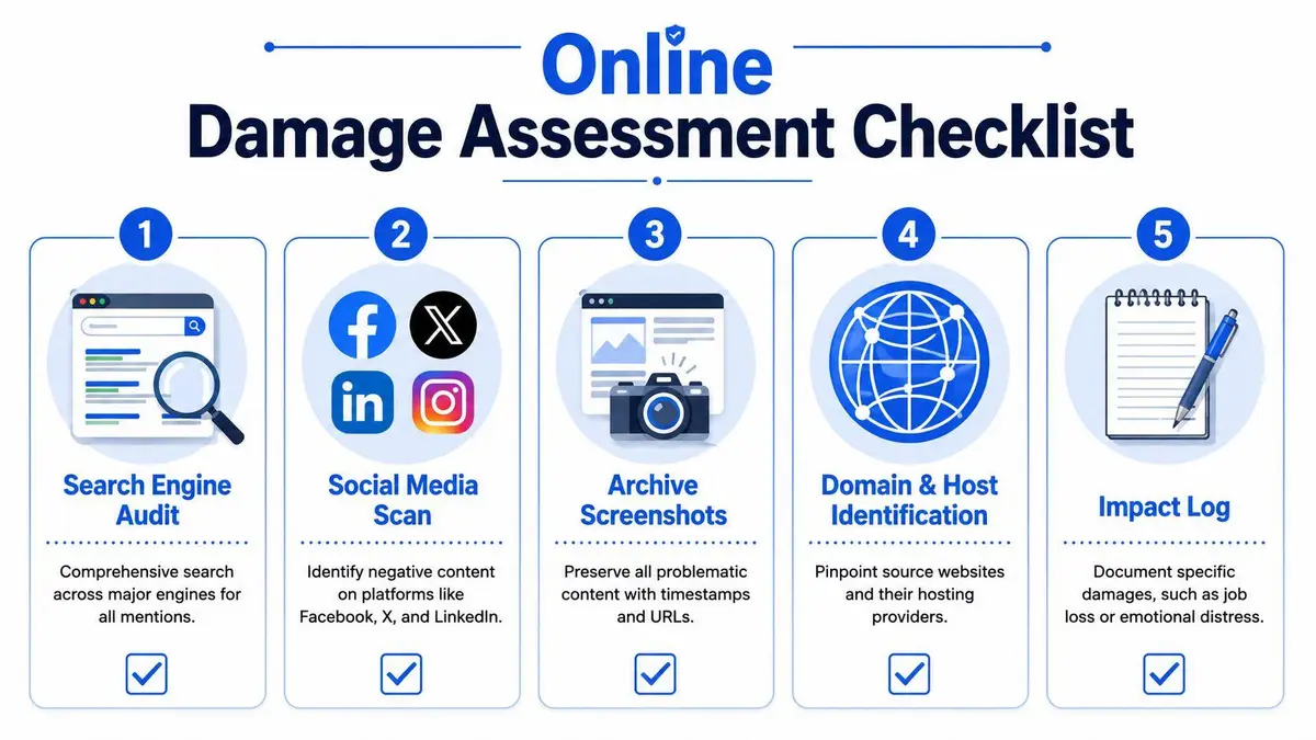 A five-step checklist for assessing online reputation damage through search, social media, and documentation of impacts.