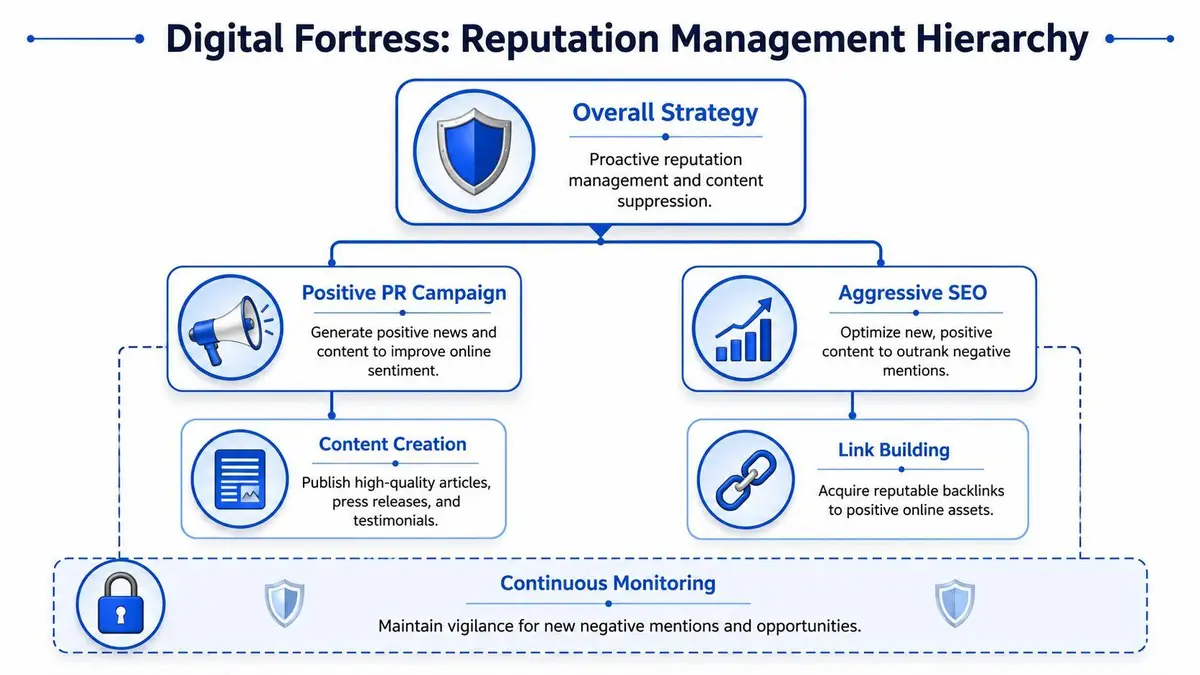 A hierarchy chart titled Digital Fortress illustrating reputation management strategies through PR, SEO, and content monitoring.