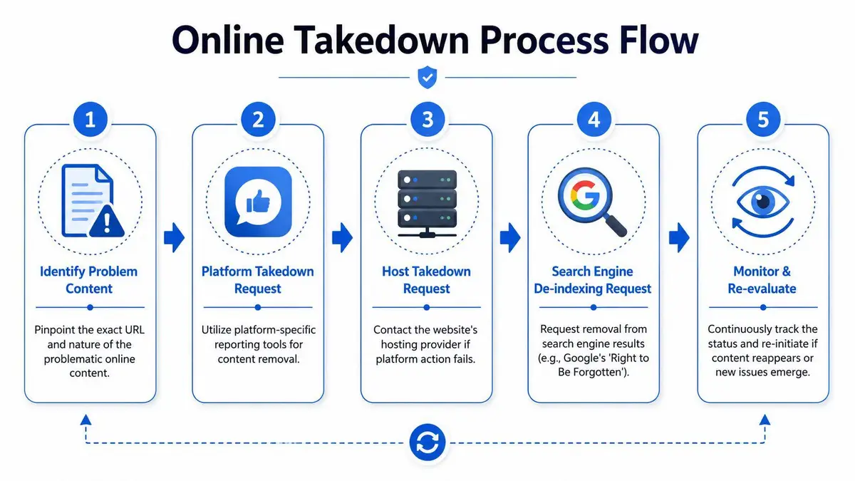 A five-step flowchart illustrating the online takedown process for removing problematic internet content effectively.