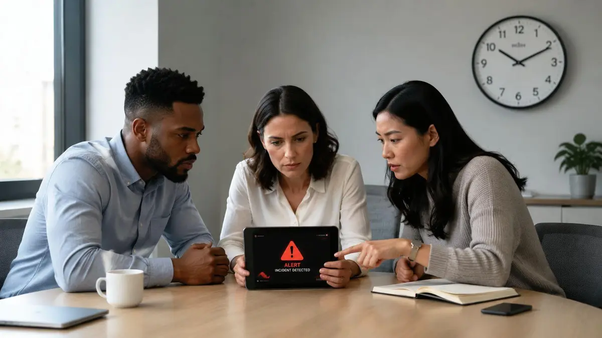 A diverse team of professionals analyzing a security incident alert on a digital tablet in an office.
