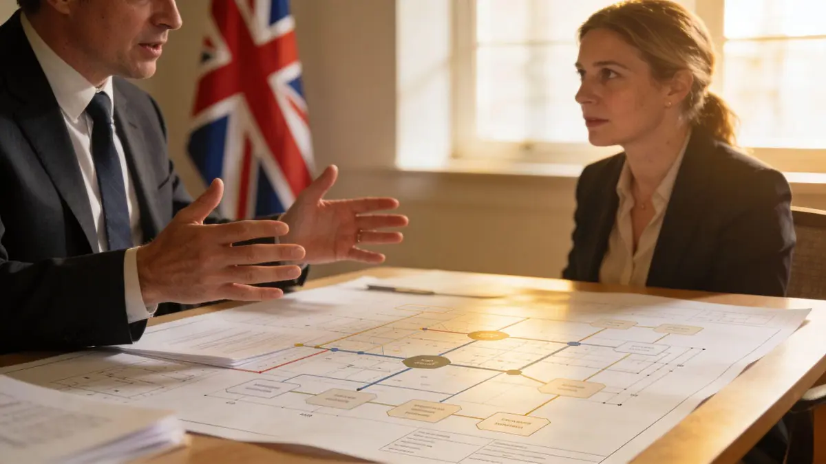 A professional man and woman discussing a complex project plan in a UK government office meeting room.