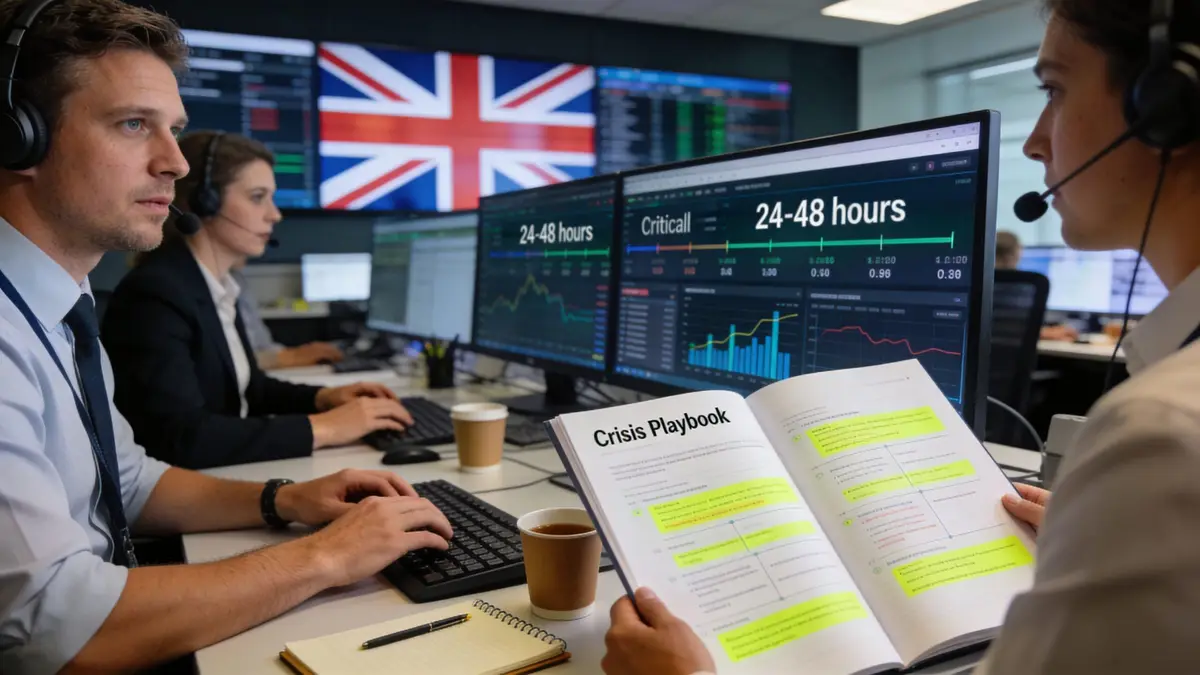 A professional team in a modern office using headsets and monitors to manage business crisis strategies.