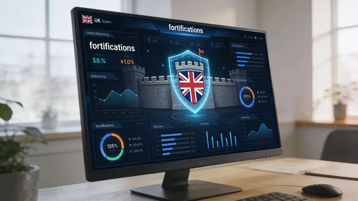 A computer monitor displaying a digital dashboard focused on UK fortification statistics and cyber security data visualization.