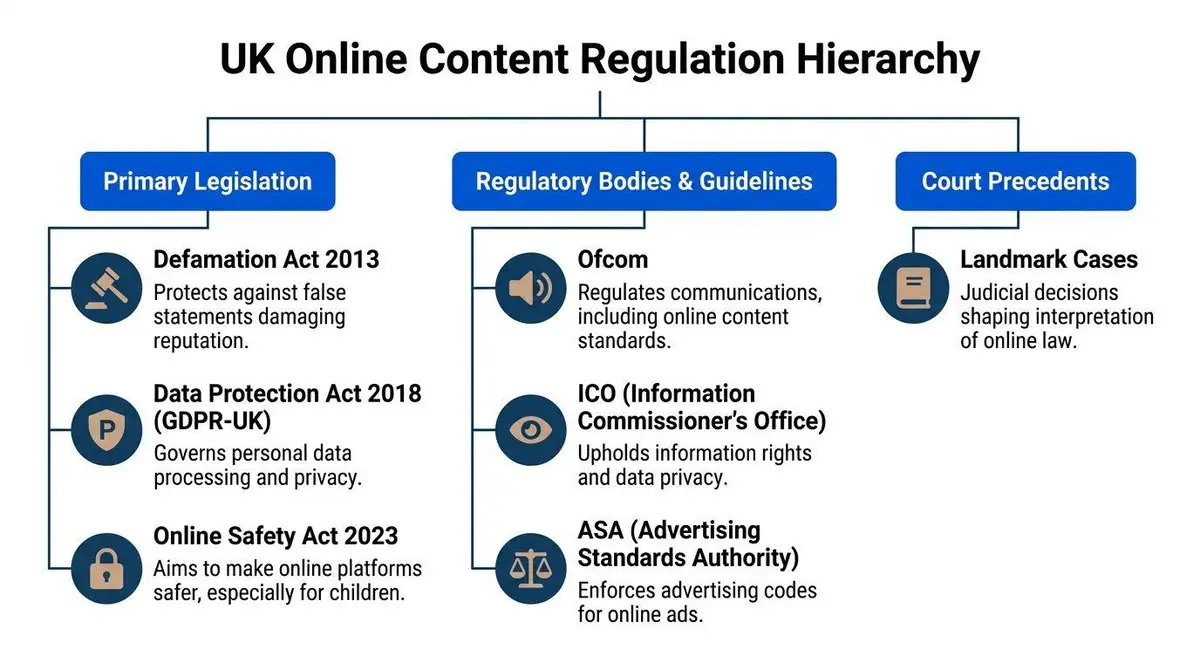 A diagram illustrating the UK online content regulation hierarchy including primary legislation, regulatory bodies, and court precedents.