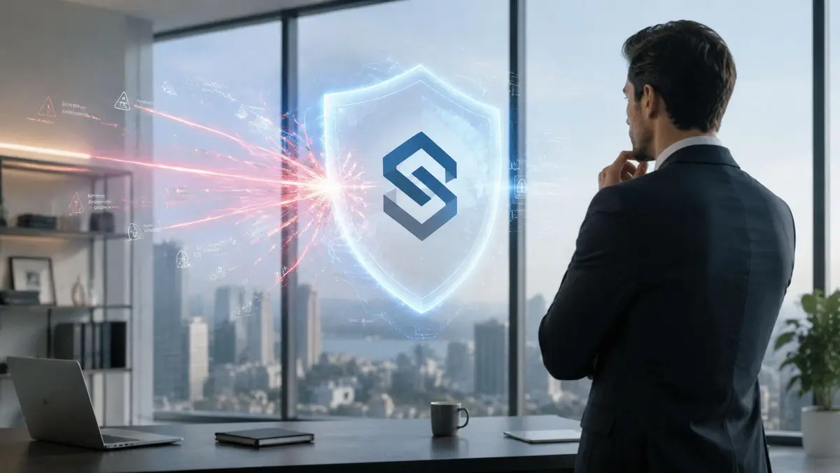 A professional businessman looking at a glowing digital security shield hologram over a city skyline background.