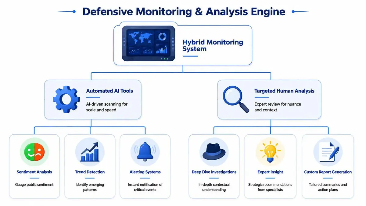 A diagram illustrating a hybrid monitoring system combining automated AI tools and targeted human analysis for businesses.