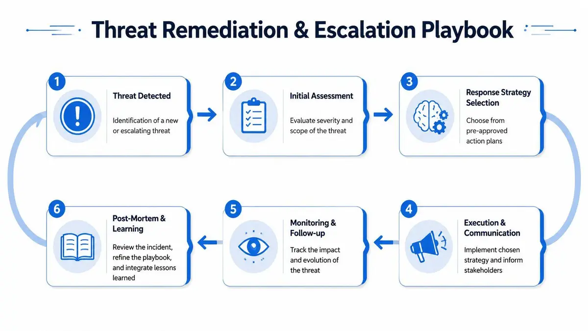 A six-step diagram illustrating the Threat Remediation and Escalation Playbook process for managing security incidents.