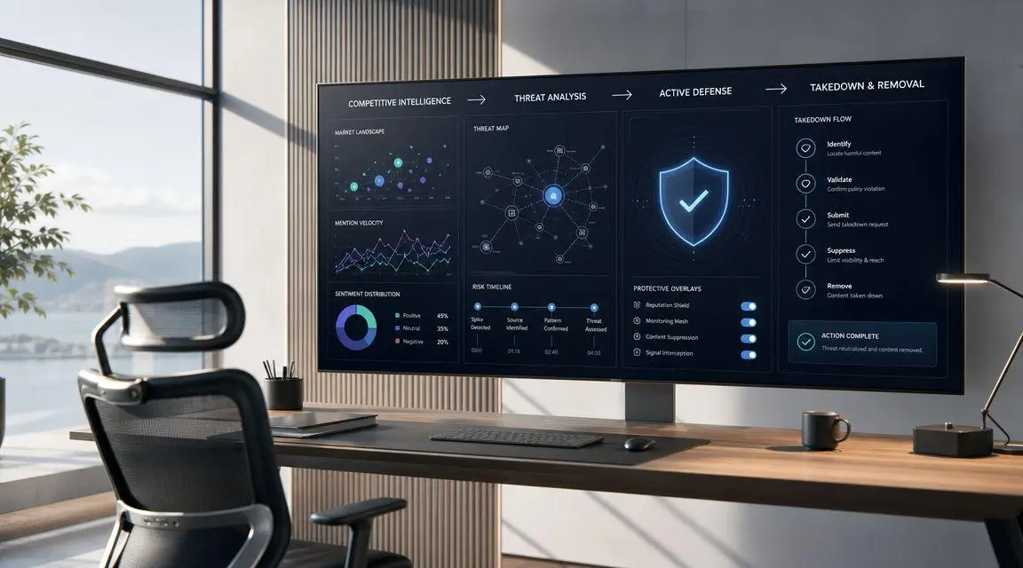 A modern workspace with a large monitor displaying detailed cybersecurity analytics and competitive intelligence data visualizations.