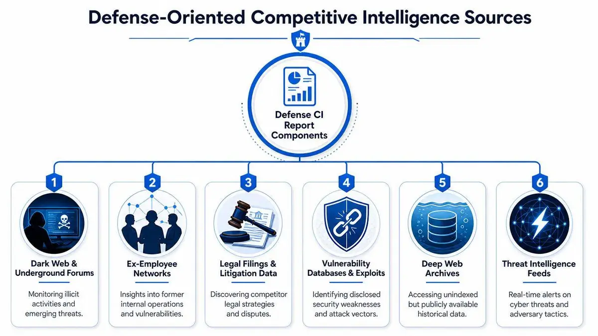 A diagram illustrating six primary sources used for creating defense-oriented competitive intelligence reports for cybersecurity purposes.