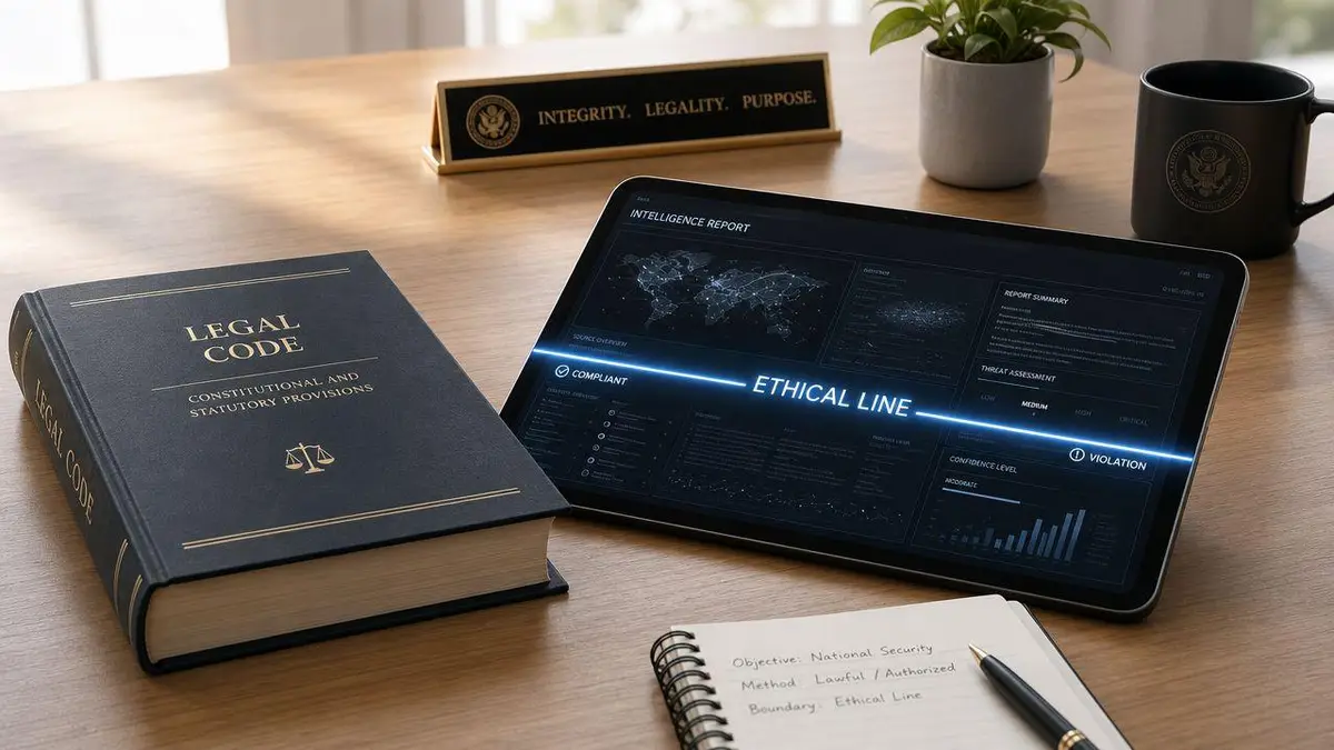 A professional desk featuring a legal code book, a tablet displaying an intelligence report, and notes.