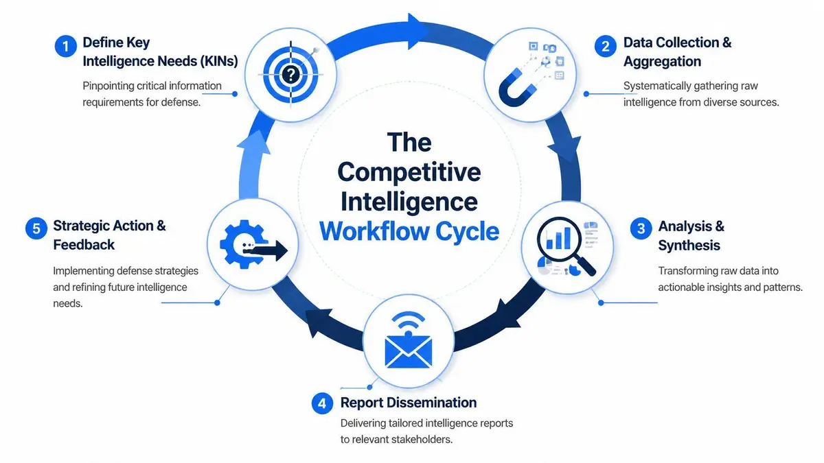 A circular diagram illustrating the five-step competitive intelligence workflow cycle for defense and strategic planning.