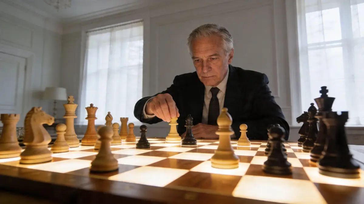 A sophisticated elderly businessman thoughtfully making a move on an illuminated chessboard in a classic interior setting.