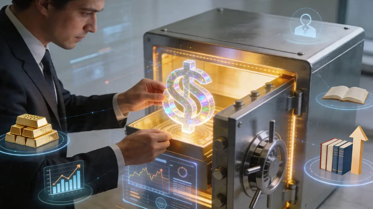 A professional man interacts with a holographic dollar sign inside a digital vault representing financial reputation management services.