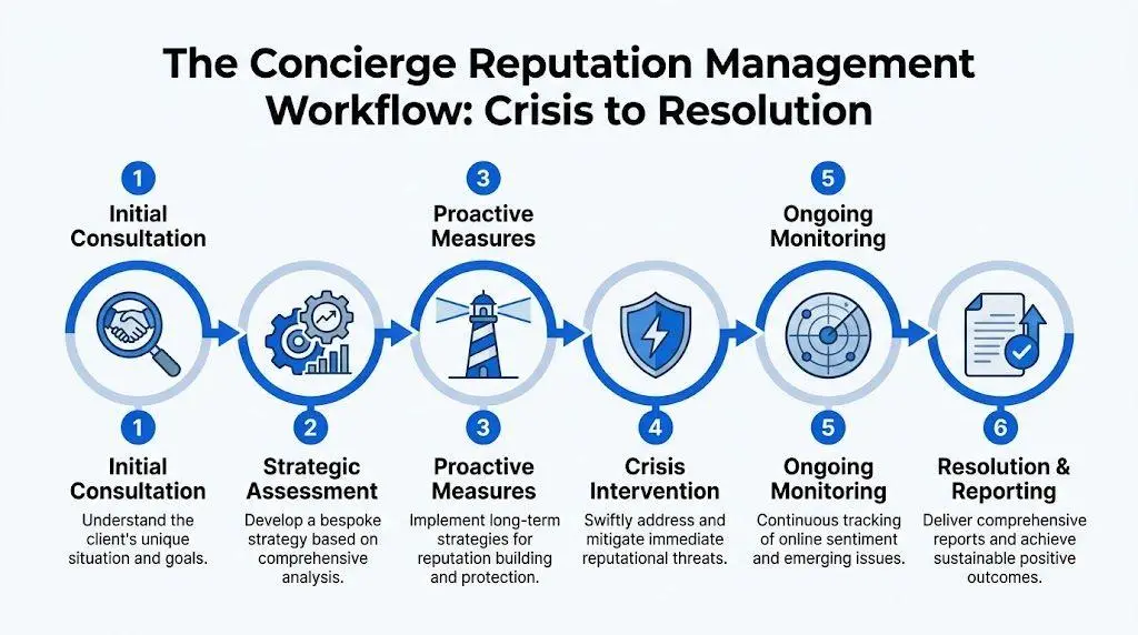 A six-step workflow diagram illustrating the Concierge Reputation Management process from initial consultation to resolution and reporting.