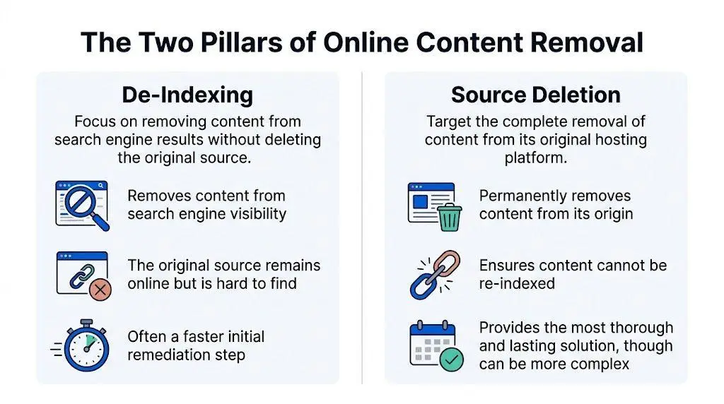 An infographic detailing two methods of online content removal: De-Indexing and Source Deletion.