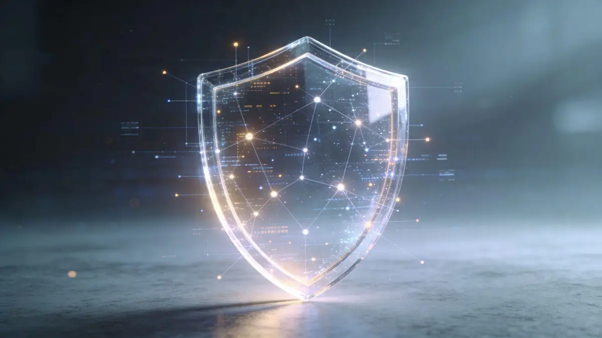 A glowing digital shield symbol floating over a reflective surface, representing cybersecurity and data protection technology.