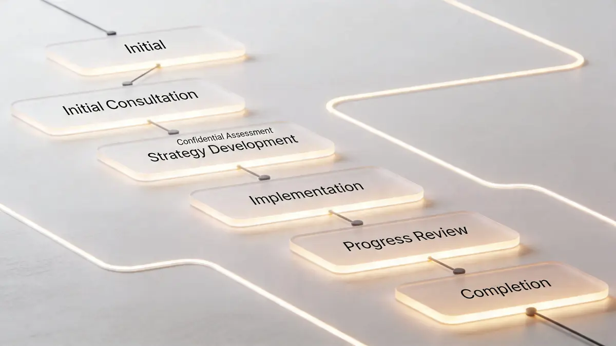 A flowchart showing a multi-step business process from initial consultation to final completion with glowing nodes.