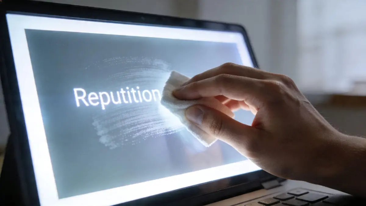 A person wiping the word Repetition off a laptop screen with a white cloth to manage digital reputation.