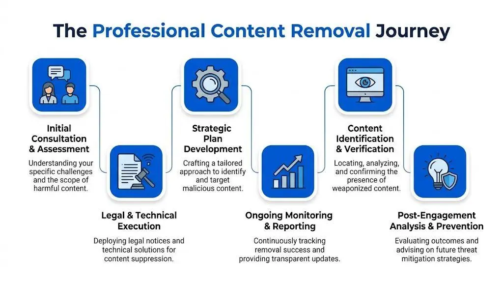 A professional infographic illustrating the six steps involved in a comprehensive content removal journey for businesses.