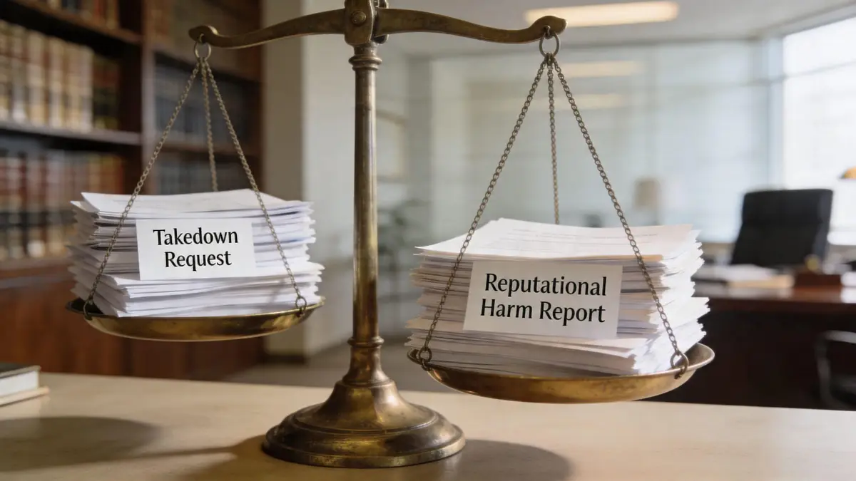 A brass scale of justice balancing piles of documents labeled Takedown Request and Reputational Harm Report.