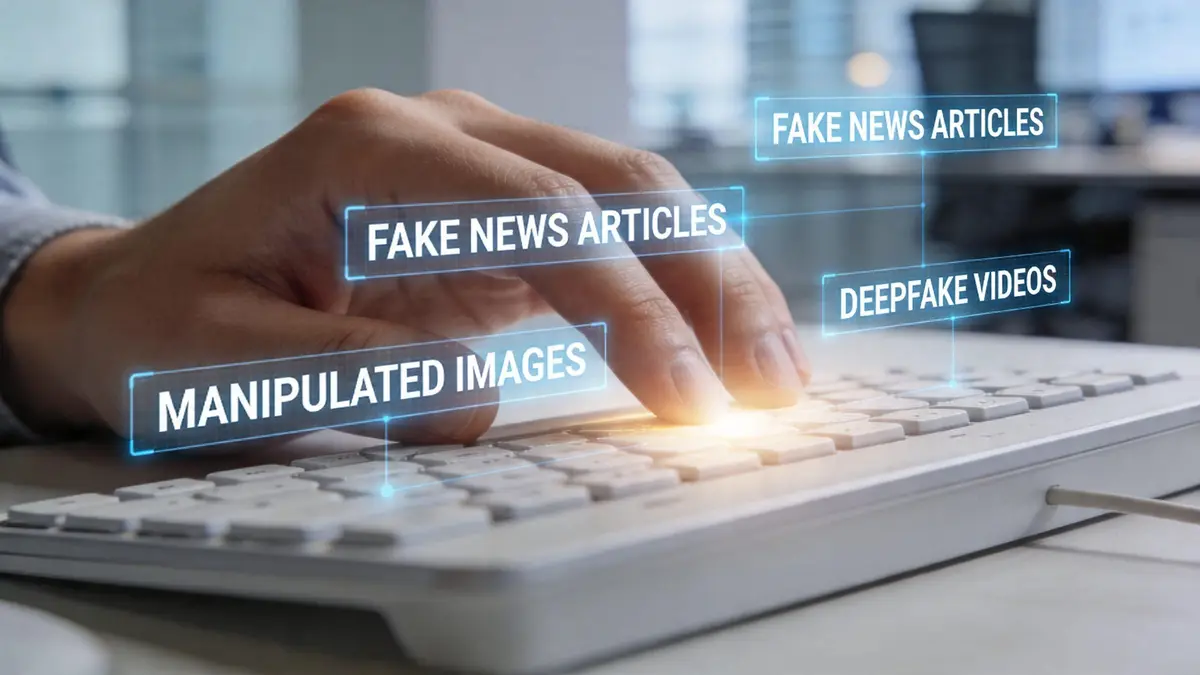 A close up of a hand typing on a keyboard with digital holographic labels showing misinformation concepts.