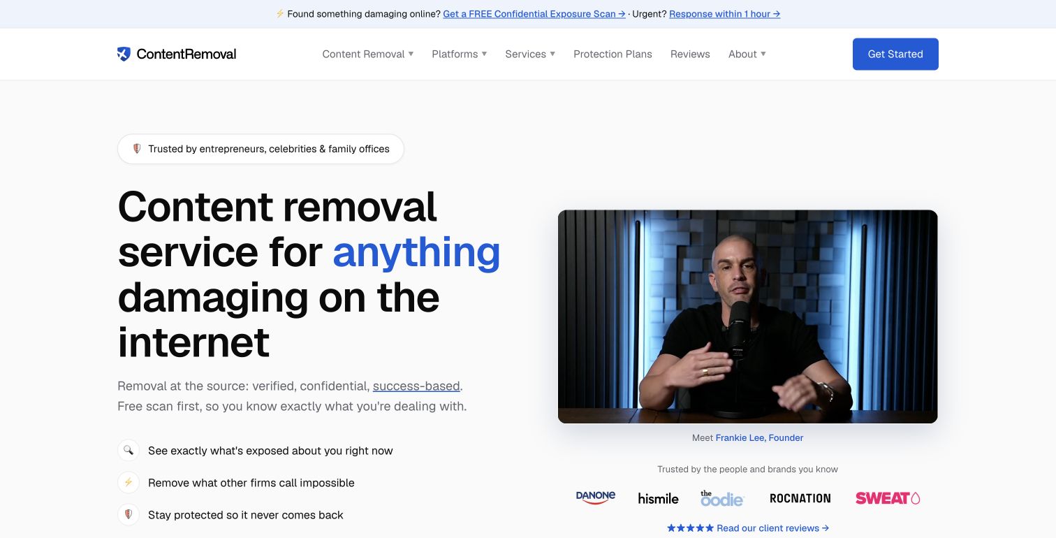 ContentRemoval.com homepage showing its content removal service and founder Frankie Lee