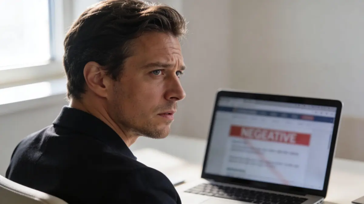 A concerned businessman looking away from his laptop screen displaying a document with the word negative.