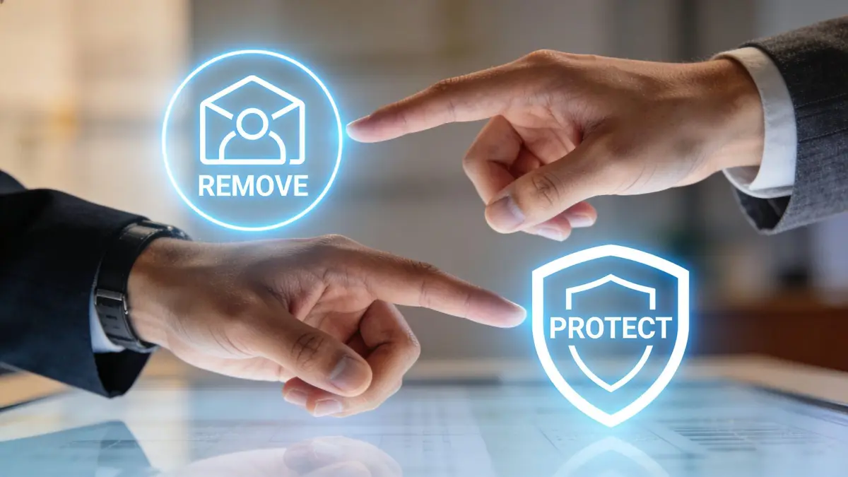 Two business hands pointing at glowing digital icons representing content removal and data protection security options.