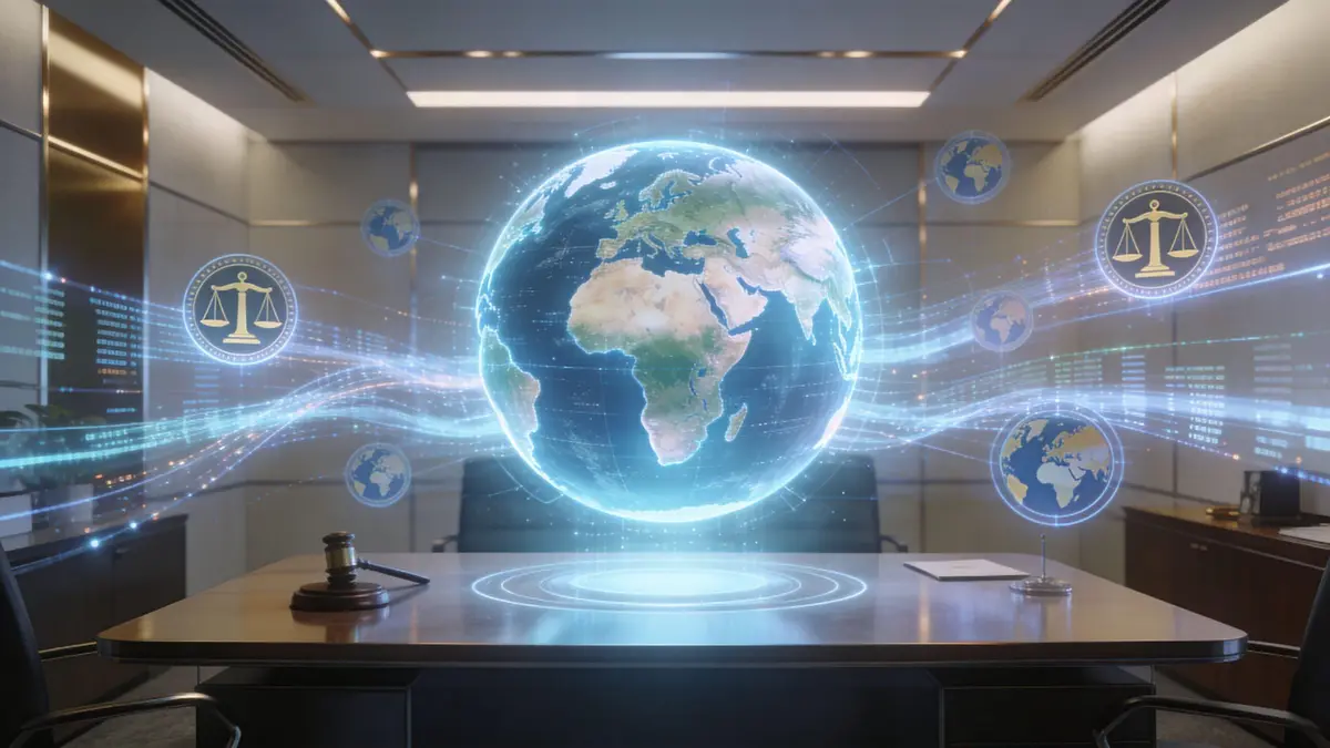 A digital globe with legal scales hovering above a wooden courtroom desk in an office.