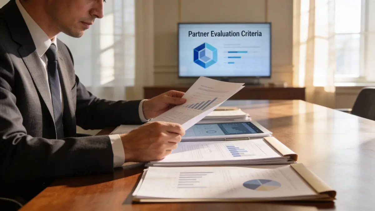 A professional in a suit reviewing business documents and charts on a desk in an office.