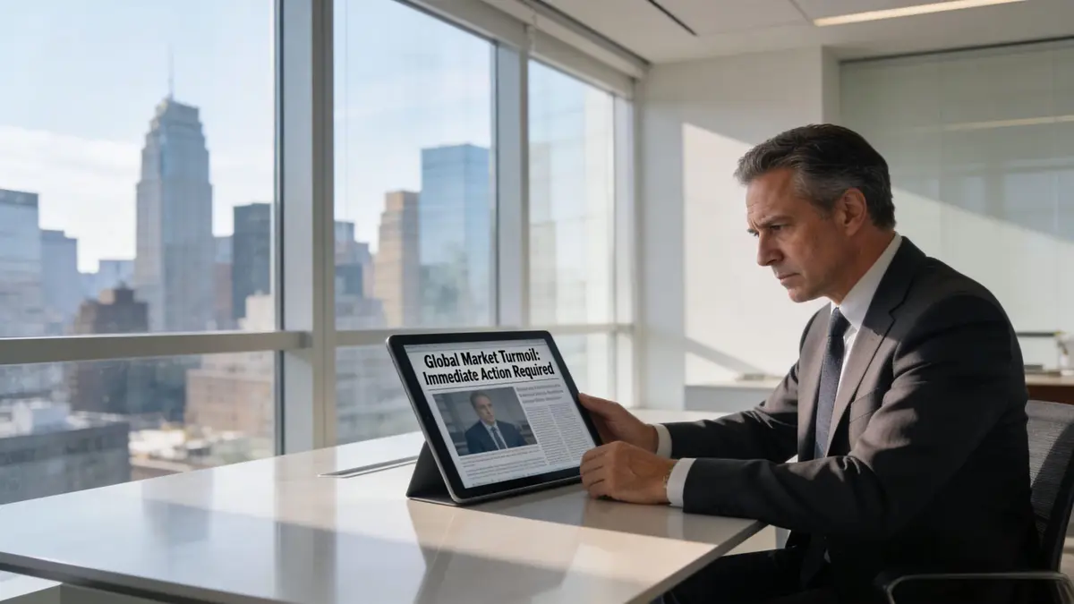 A concerned businessman reads a news article about global market turmoil on a tablet in an office.