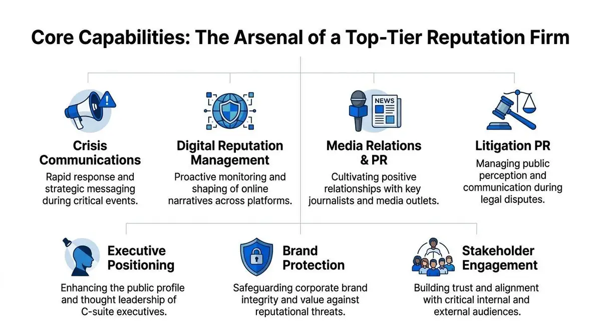 A diagram outlining seven core services provided by a professional corporate reputation management firm.