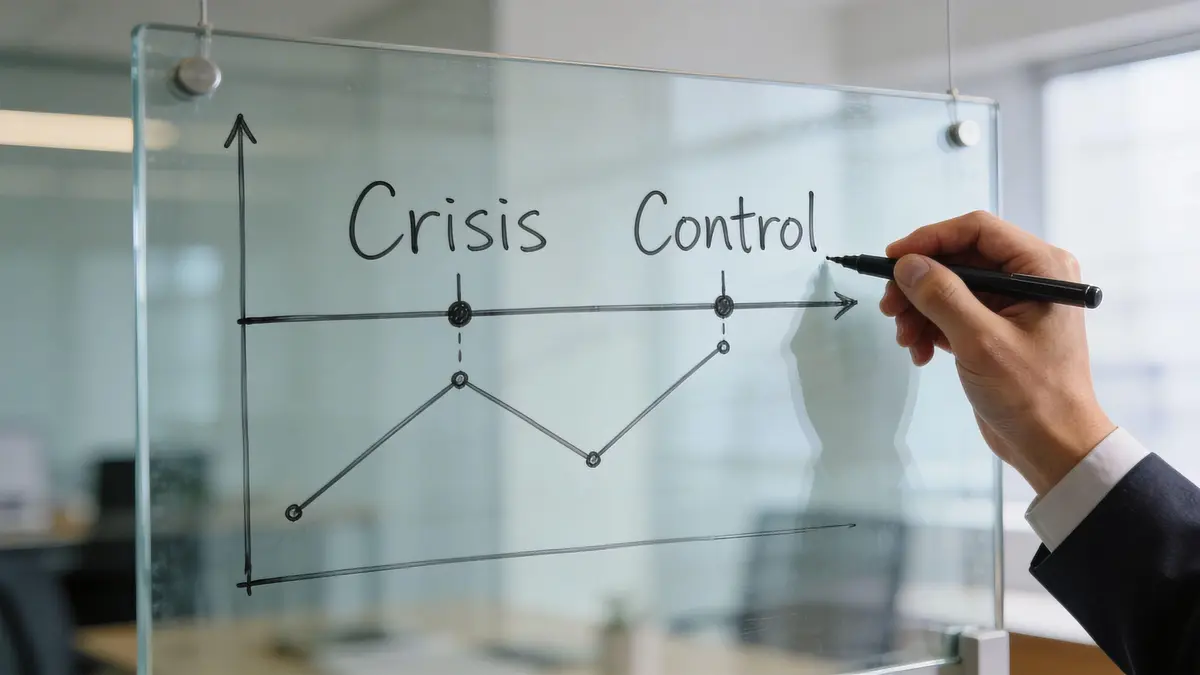 A businessman writes the words Crisis Control on a glass whiteboard with a black marker.