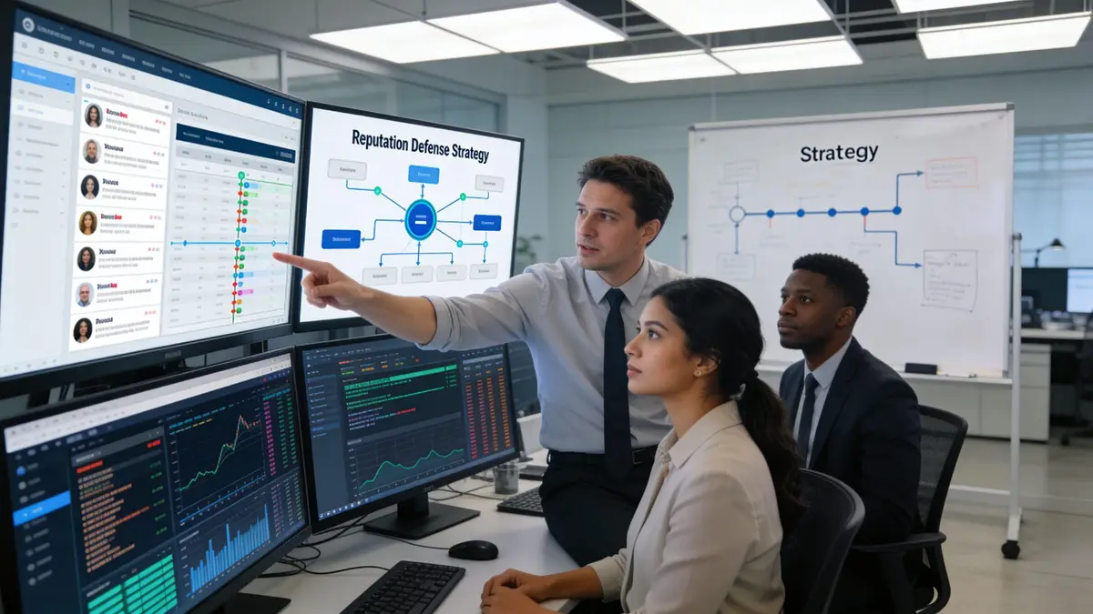 A professional team discussing a reputation defense strategy while looking at computer monitors in an office.